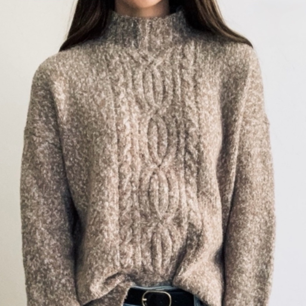 J. Jill Mock Neck Tan & Cream Marbled Cable Knit Sweater- Size Xs